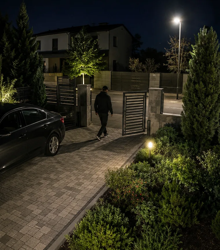 Αυλόπορτα κατοικίας τη νύχτα: κάποιος περνά την πόρτα, το μπουφάν και το παρκαρισμένο αυτοκίνητο διακρίνονται σε χρώμα